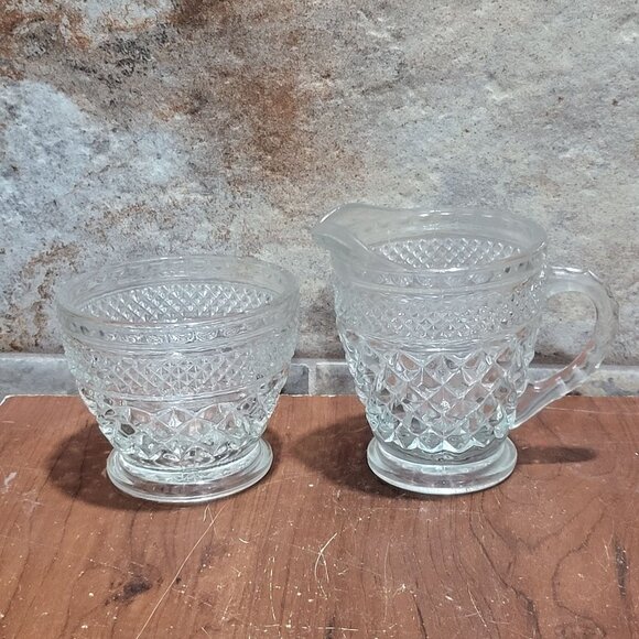 Vintage Wexford Pattern Clear Diamond Cut Glass Sugar Bowl & Creamer - Picture 1 of 11